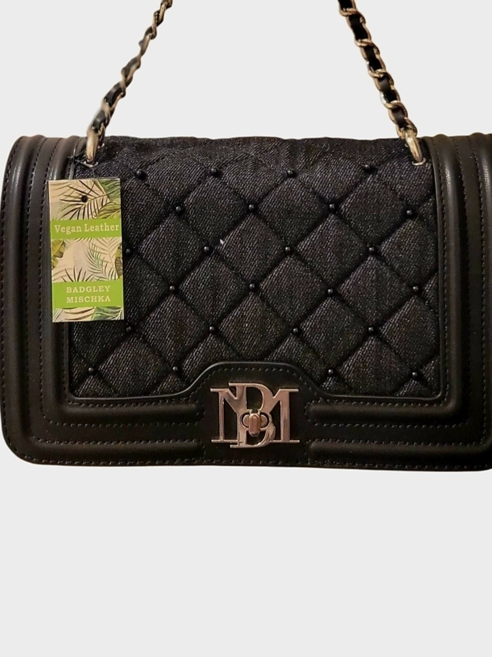 BADGLEY MISCHKA Black Quilted Vegan Leather Shoulder Bag Gold Chain Strap NWT